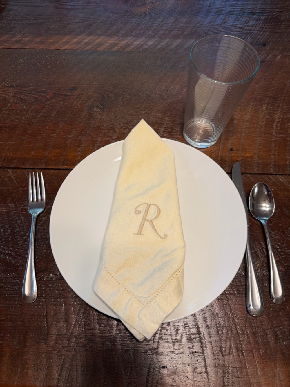 Set of 8 Monogrammed “R” Linen Napkins Ivory Embroidered Dinner Cloths